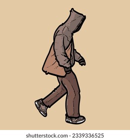 man boy guy wear brown hoodie walking and nice pose brown Background vector modern illustration