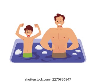 Man and boy hardening in ice hole, flat vector illustration isolated on white background. Bathing in ice water for body hardening and immune system boost.