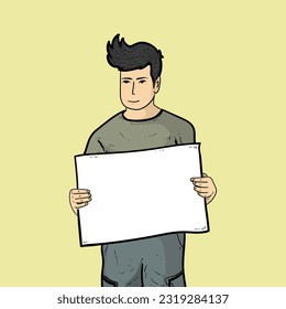 Man or boy Keep poster or banner or blank paper for protest isolated on yellow background vector modern illustrations