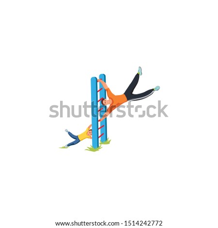 Man and boy keeping balance on sports ladder vector illustration