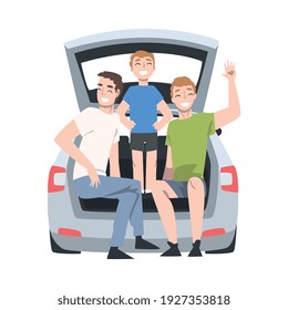 Man and Boy Kid Sitting in Car Trunk Taking Picture Posing Vector Illustration