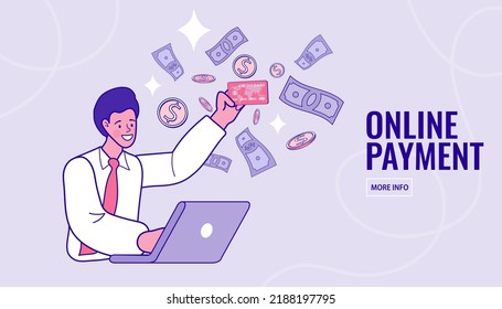 Man or boy making payment with laptop. online banking, card to card money transfer service, transaction, donation, digital wallet. online shopping concept. Vector illustration.