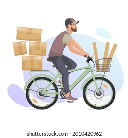 Man, boy on green retro bicycle, cycle, bike with brown craft paper packages, boxes isolated on white background. Vector illustration for design, flyer, poster, banner, web, advertising.