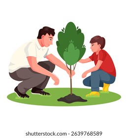 Man and boy planting young tree on green lawn, cartoon style, isolated on white background. Concept of family bonding and environment care. Vector illustration