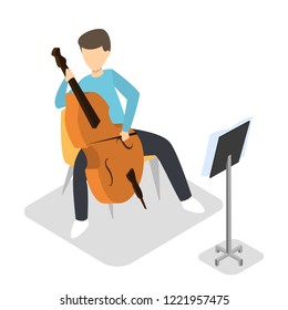 Man or boy play cello. Classic musician from orchestra. Acoustic music instrument. Isolated vector isometric illustration