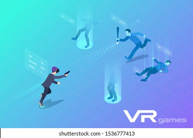 Man Boy Playing Isometric Shooter in Virtual Reality VR Flat Vector Illustration. 