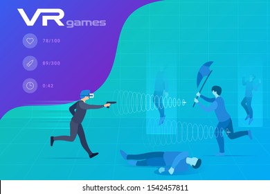Man Boy Playing Shooter in Virtual Reality VR Flat Vector Illustration.