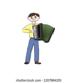 man (boy) plays the accordion. Vector color illustration.