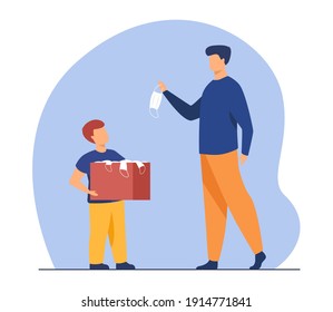 Man and boy putting facial masks into box. Virus, protection, victory flat vector illustration. Pandemic and healthcare concept for banner, website design or landing web page