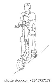 Man and boy riding electric scooter. Having fun. Vector illustration in line art style.