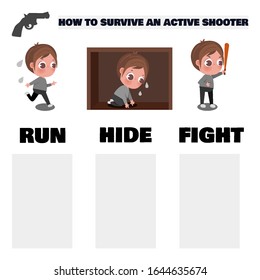 Man Or Boy Run, Hide And Fight. Active Shooter Response Safety Procedure Concept. Flat Cartoon Vector Illustration For Poster Or Banner. 