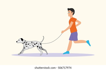 Man or boy running with dog breed Dalmatian. Vector illustration isolated on white background