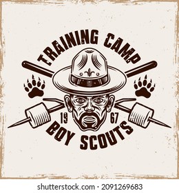 Man in boy scout hat with bristle and two crossed marshmallow on sticks vector illustration. Camping and outdoors vintage emblem, badge, label or logo