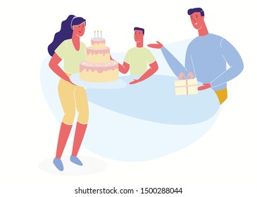 Man and Boy Sit at Table. Woman Putting on Table Large Cake with Candles. Birthday Party. Family Celebration. Vector Illustration. Make Gifts. Family Spends Time Together. Man with Gift Box in Hand.