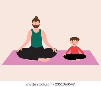 Man and boy sitting in lotus position meditation, doing yoga hand drawn vector illustration. Concept of preschool and school sports development, lifestyle, health, education. Cartoon flat characters