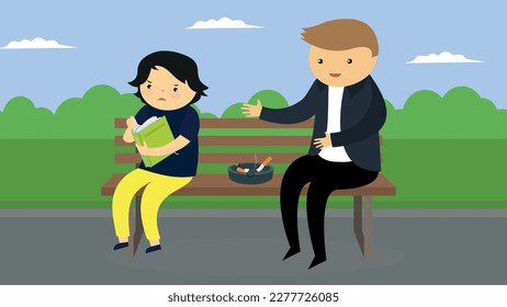 Man and boy sitting on a bench near the ashtray with a cigarette in the park. Vector illustration