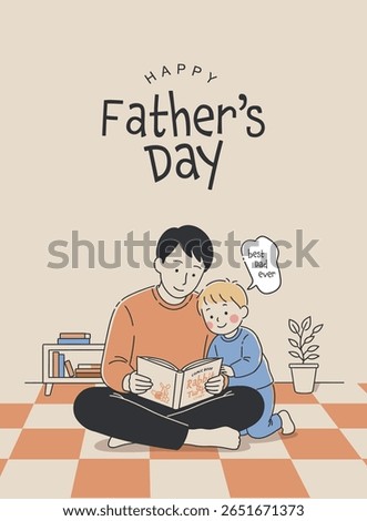 A man and a boy are sitting on the floor reading a book. Concept of warmth and bonding between the father and son