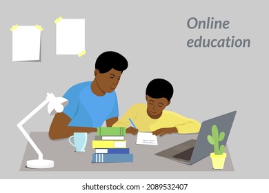 A man and a boy are sitting at a table in front of a laptop, dad helps son with lessons, vector image, online education