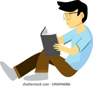 A Man or Boy Sitting While Reading A Book (Logo Sign Symbol Vector Icon Design Cartoon). Business, Marketing Concept.