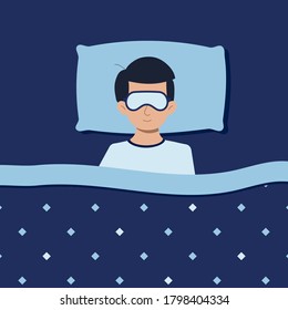 Man or boy with sleep mask. He is in bed sleeping at night in pajamas at home or hotel. Good night concept with top view of man deep sleeping. Flat health design cartoon style vector illustration. View from above.