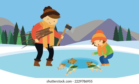 A man and a boy are standing near a hole in the ice, looking at the fish, A man with an ax and branches