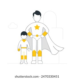 A man and a boy are standing next to each other, with the man wearing a cape and the boy wearing a costume. Concept of adventure and fun, as if the two are about to embark on a journey together