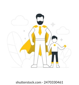 Un hombre y un niño están de pie uno al lado del otro, con el hombre que lleva una capa y el niño que lleva un traje. Concepto de aventura y diversión, como si los dos estuvieran a punto de emprender un viaje juntos