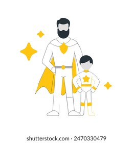 A man and a boy are standing next to each other, with the man wearing a cape and the boy wearing a costume. Concept of adventure and fun, as if the two are about to embark on a journey together