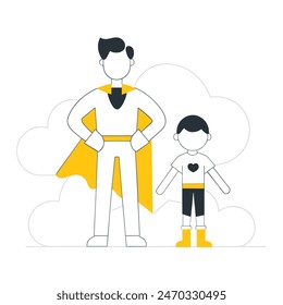 A man and a boy are standing next to each other, with the man wearing a cape and the boy wearing a costume. Concept of adventure and fun, as if the two are about to embark on a journey together