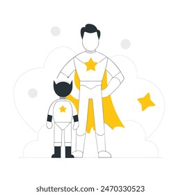 A man and a boy are standing next to each other, with the man wearing a cape and the boy wearing a costume. Concept of adventure and fun, as if the two are about to embark on a journey together