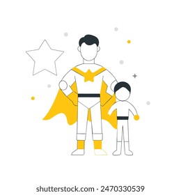 A man and a boy are standing next to each other, with the man wearing a cape and the boy wearing a costume. Concept of adventure and fun, as if the two are about to embark on a journey together