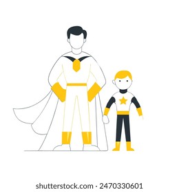 A man and a boy are standing next to each other, with the man wearing a cape and the boy wearing a costume. Concept of adventure and fun, as if the two are about to embark on a journey together