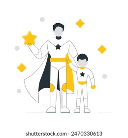 A man and a boy are standing next to each other, with the man wearing a cape and the boy wearing a costume. Concept of adventure and fun, as if the two are about to embark on a journey together