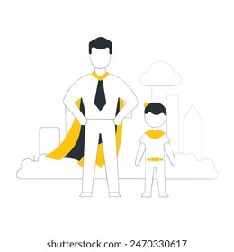 A man and a boy are standing next to each other, with the man wearing a cape and the boy wearing a costume. Concept of adventure and fun, as if the two are about to embark on a journey together