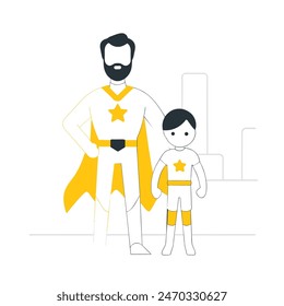 A man and a boy are standing next to each other, with the man wearing a cape and the boy wearing a costume. Concept of adventure and fun, as if the two are about to embark on a journey together