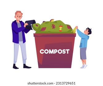 A man with a boy throw away organic food into a compost bin. Vector illustration isolated on white background. Trying to save planet earth and following vegan diet. Recycling, Zero wast concept.