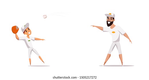 Man And Boy Throwing Ball Flat Vector Illustration. Cheerful Father And Little Son Cartoon Characters. Happy Kid Training With Professional Baseball Player. Active Leisure, Sport Activity