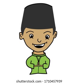 a man or boy uses a cap or skullcap to say hello. welcome the good month and big day. sign of the opening of the fasting month.