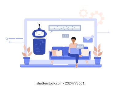 Man or boy using chat bot for working. Virtual assistant and FAQ concept. AI technology concept.  Character talking to chatbot. Modern flat vector illustration.