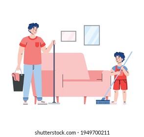 Man and boy washing floors with a mops, cartoon vector illustration isolated.