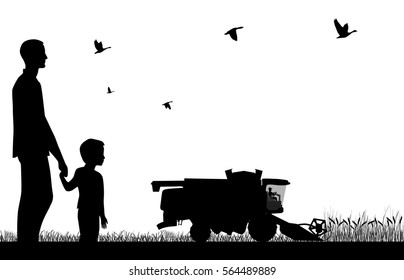 Man with a boy watching to work of combine-harvester