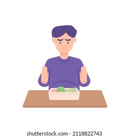 a man or boy who does not want or does not like to eat vegetables. refuse food. no appetite. flat cartoon. character and people activity illustration design