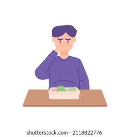 a man or boy who does not want or does not like to eat vegetables. refuse food. no appetite. flat cartoon. character and people activity illustration design
