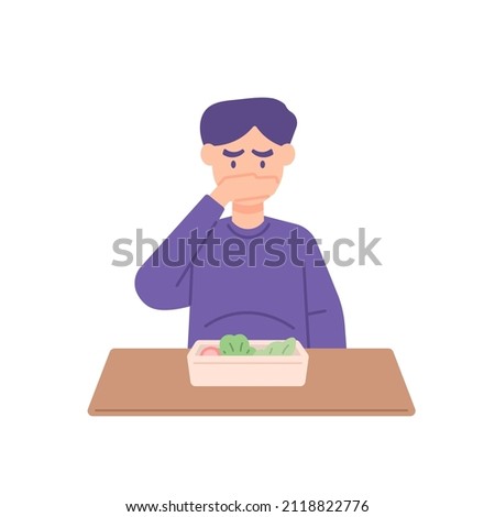 a man or boy who does not want or does not like to eat vegetables. refuse food. no appetite. flat cartoon. character and people activity illustration design