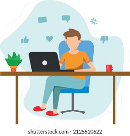Man, boy, working from home office WFH, student or freelancer. Cute vector illustration in flat style