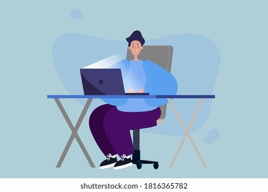 Man, boy working on laptop computer. Freelancer works remotely. Blue background. Vector illustration
