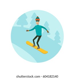 A man, boy, young person snowboarding in the mountains. Different background. Flat and cartoon style. Vector illustration.
