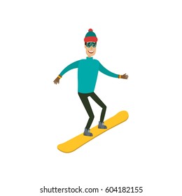 A man, boy, young person snowboarding in the mountains. Different background. Flat and cartoon style. Vector illustration.