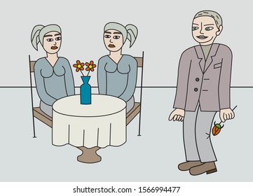 Man boyfriend with red rose who is dating one of these two identical twin sisters