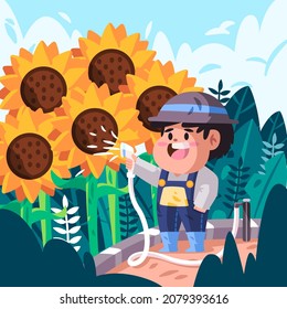 Man boys child is giving watering plants yellow sun flower in the garden and looks happy gardening cartoon flat color style isolated background vector illustration
